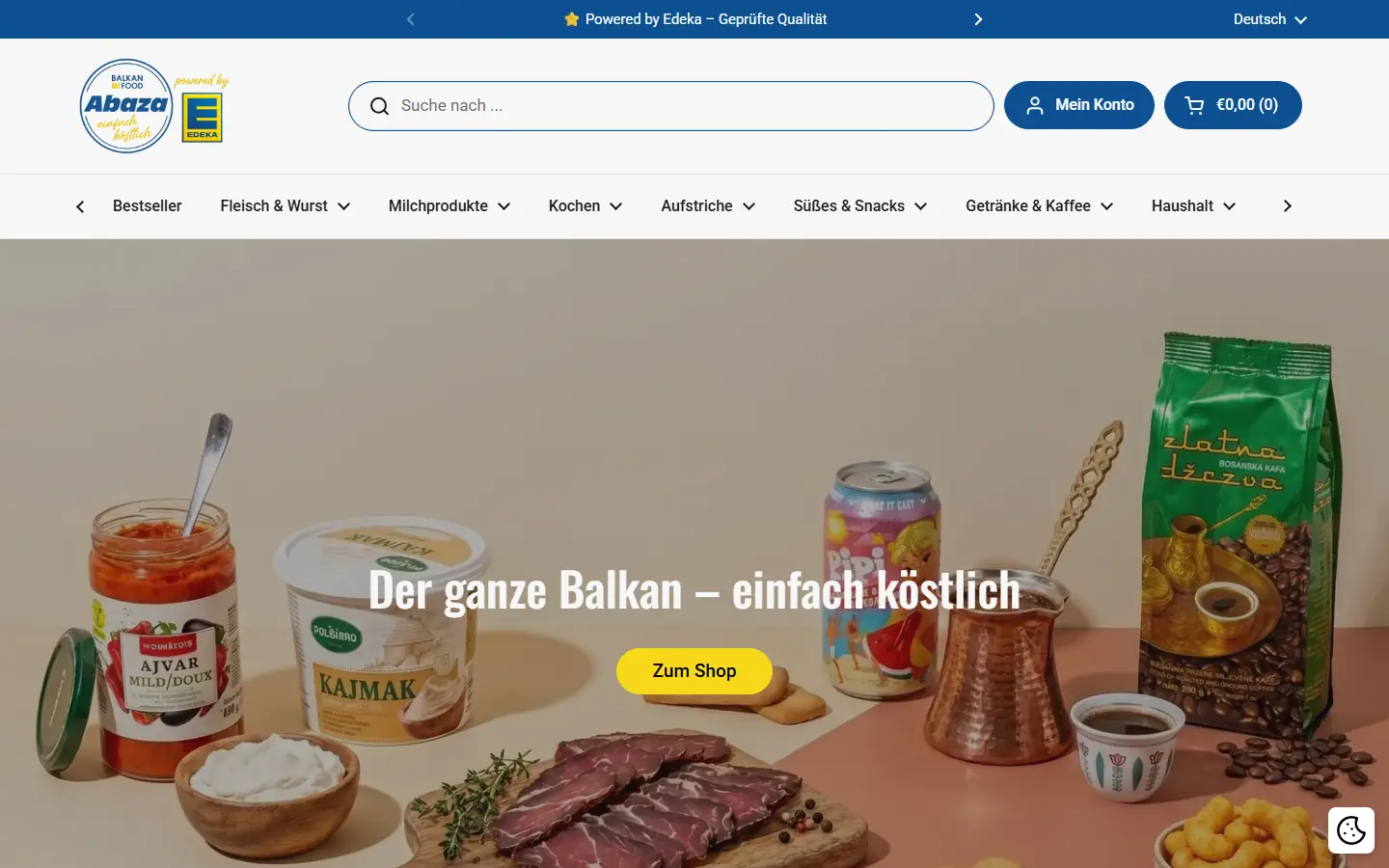 Startseite des Shopify-Shops von Abaza Balkanfood auf dem Desktop (Screenshot vom 22.09.2026)