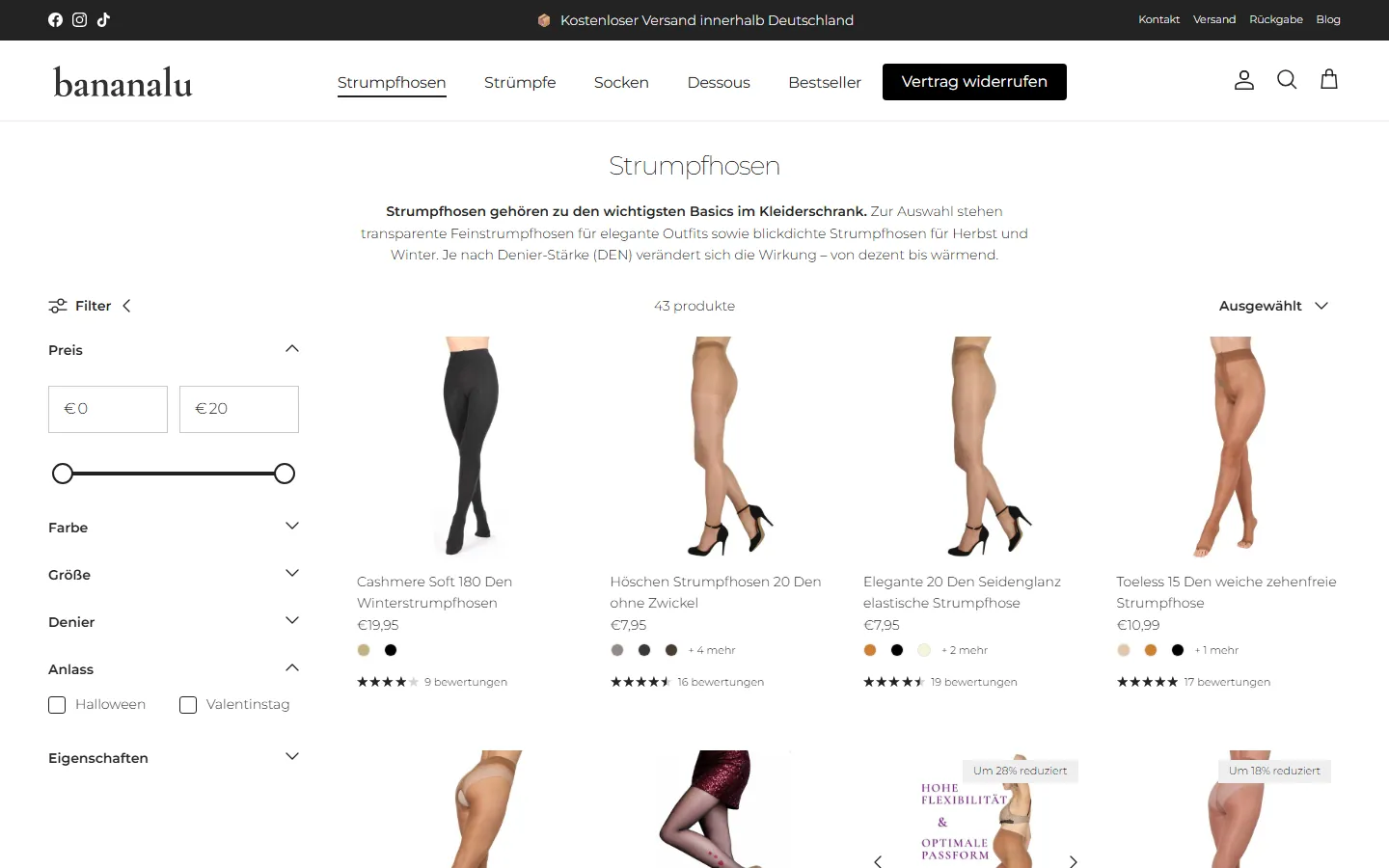 Kategorie Strumpfhosen im Shopify-Shop von Bananalu auf dem Desktop (Screenshot vom 23.09.2026)