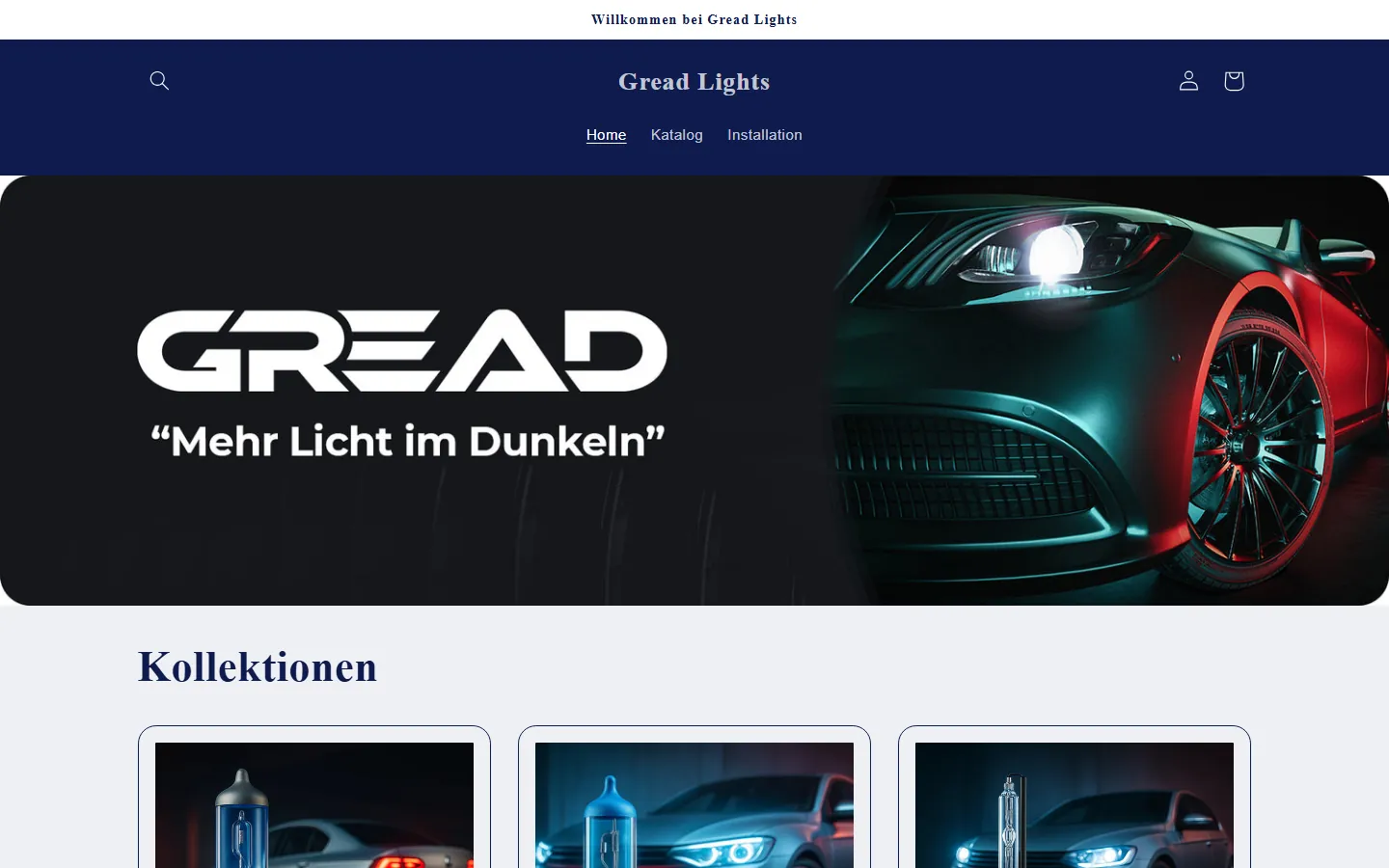 Startseite von gread.de im April 2025 vor der Überarbeitung (Internet Archive, Stand 07.04.2025): Shopify-Theme Refresh mit dunkelblauer Kopfzeile ‚Gread Lights‘, Banner ‚Mehr Licht im Dunkeln‘ und Kollektionsübersicht