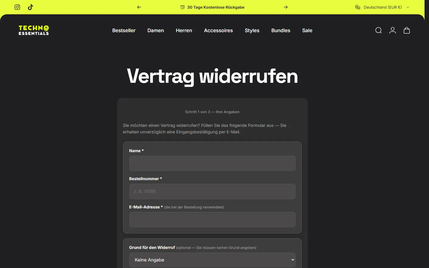 Widerrufsseite im Shop von Techno Essentials: Formular „Vertrag widerrufen“ in Schritt 1 von 3 mit den Pflichtfeldern Name, Bestellnummer und E-Mail-Adresse