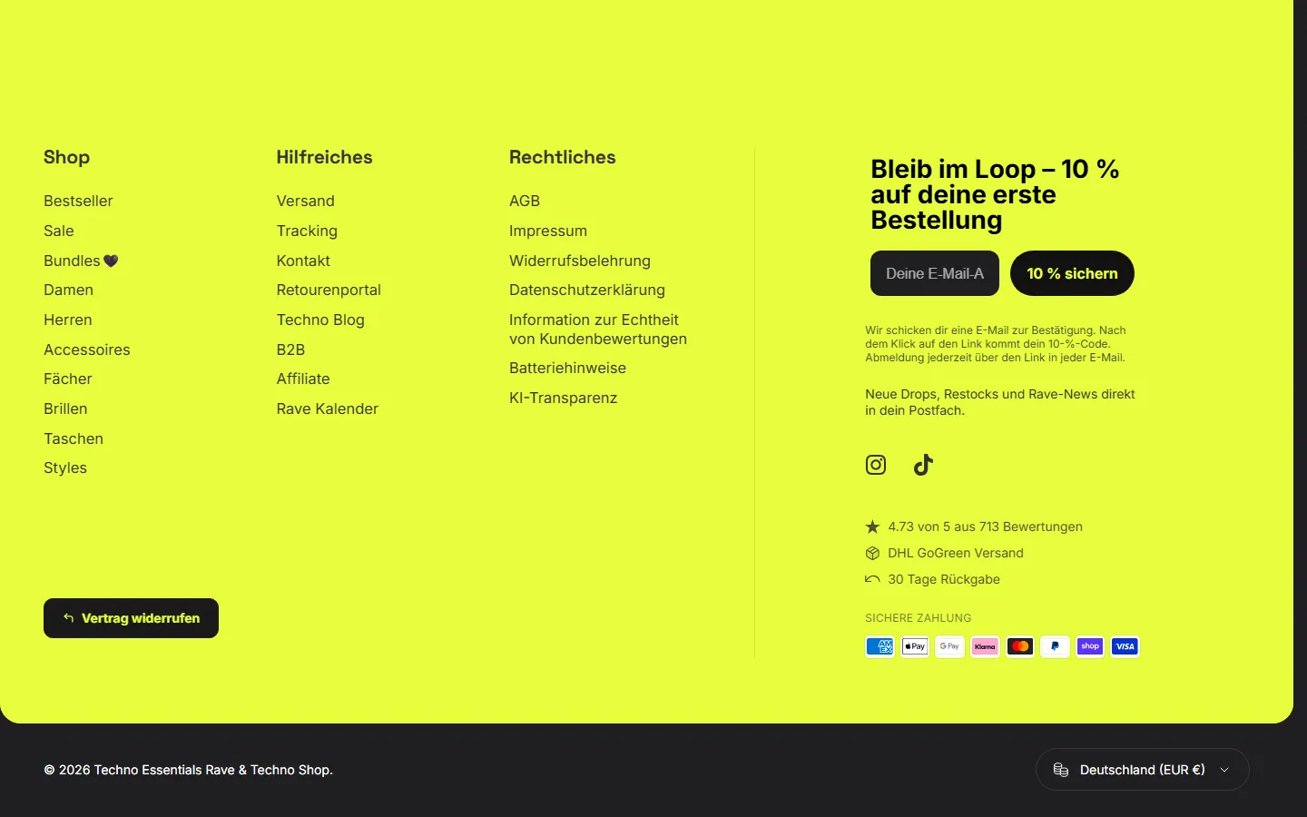Footer des Shops von Techno Essentials mit dem Button ‚Vertrag widerrufen‘ unter den Shop-Links