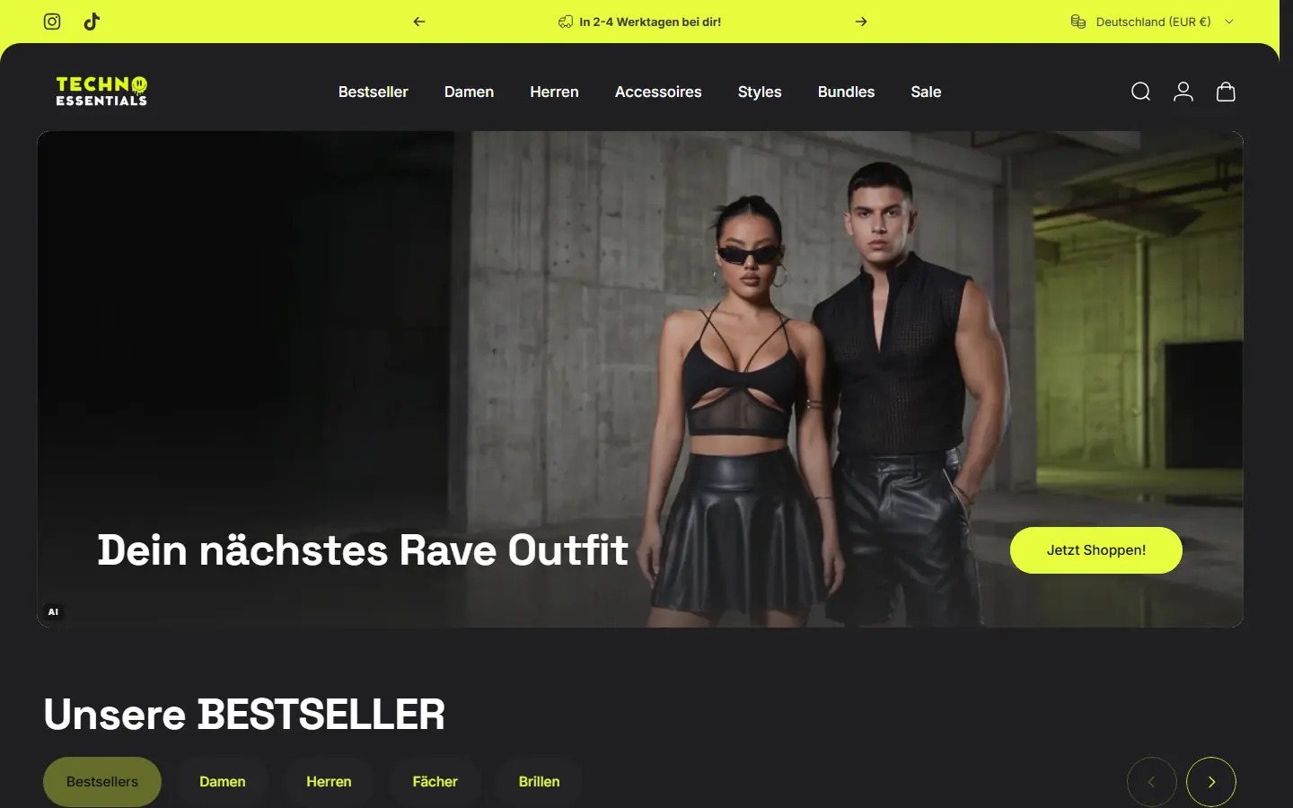 Startseite des Shopify-Shops von meiner eigenen Marke Techno Essentials auf dem Desktop (Screenshot vom 22.09.2026)